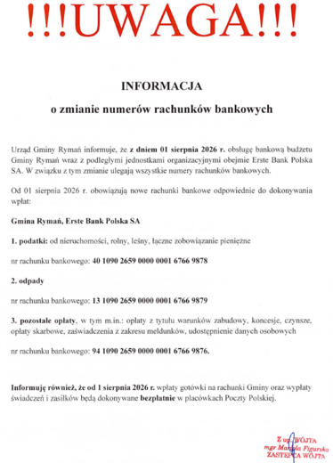 Informacja o zmiaie rachunk&oacute;w bankowych Gminy