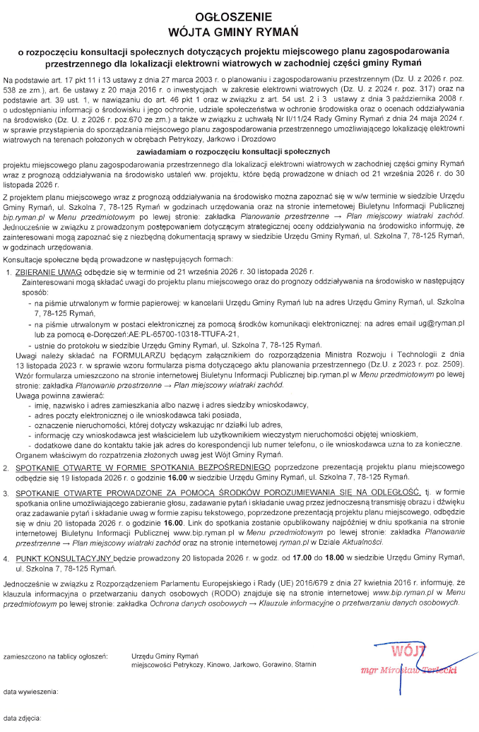 Ogłoszenie W&oacute;jta_konsultacje społeczne_wiatraki zach&oacute;d