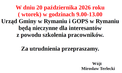 Zdjęcie do 20.10.2026 r. w godz. 9:00&ndash;13:00 Urząd Gminy w Rymaniu i GOPS nieczynny - szkolenie pracownik&oacute;w 
